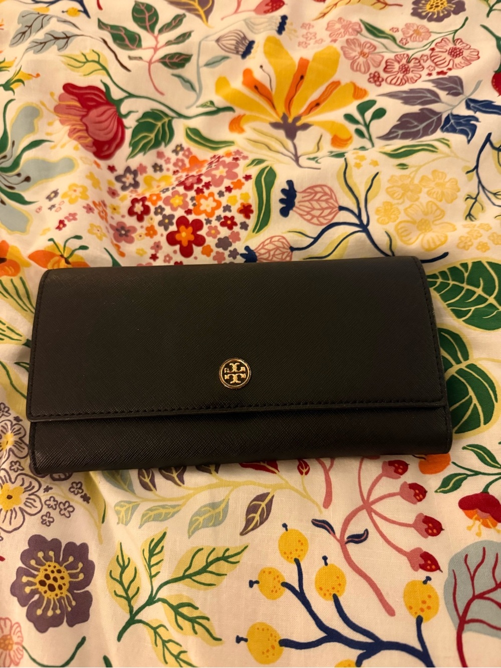 Tory Burch Black Leather Wallet with Gold Zip Detail
